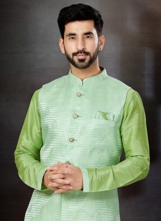 Dupion Silk Kurta Payjama With Jacket in Green and Sea Green