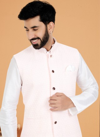 Dupion Silk Kurta Payjama With Jacket in Pink and White