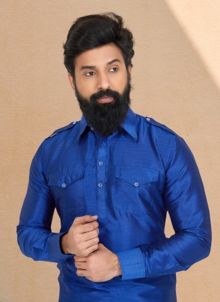 Dupion Silk Plain Blue Kurta Pyjama