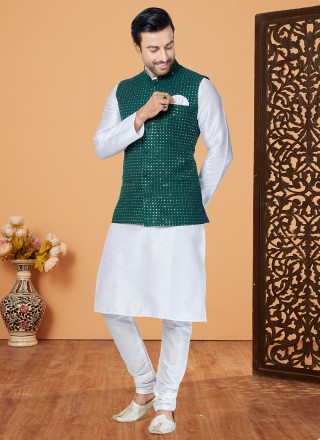 Dupion Silk Resham Thread Work Kurta Payjama With Jacket in Green and White