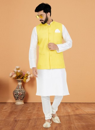 Dupion Silk Resham Thread Work White and Yellow Kurta Payjama With Jacket
