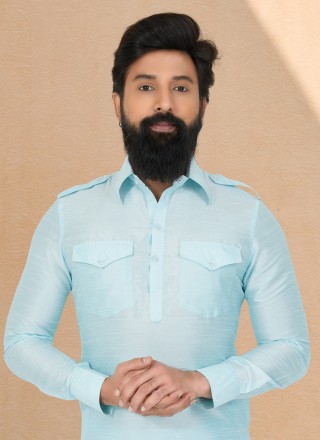 Dupion Silk Turquoise Plain Kurta Pyjama