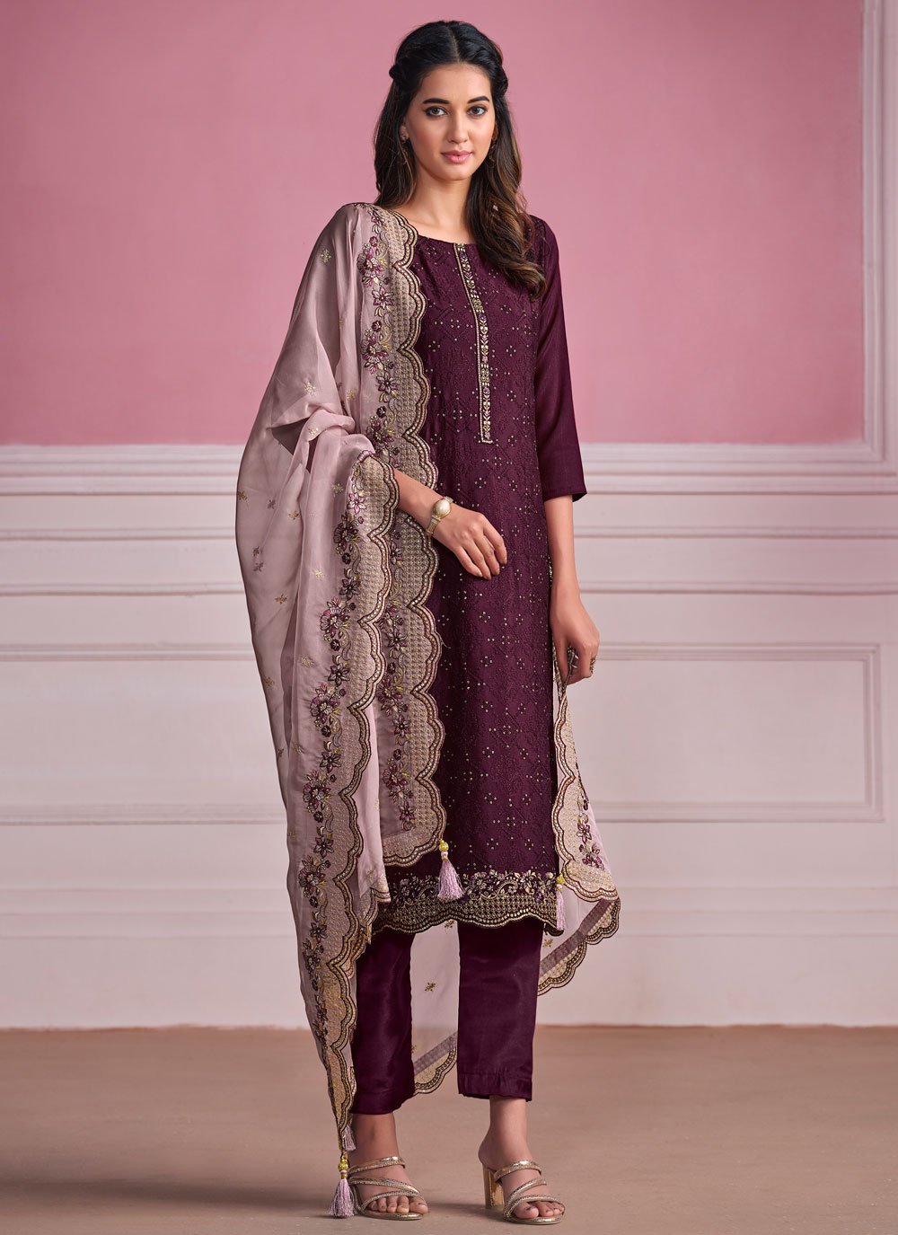 Elegant Purple Chiffon Pant Style Suit with Chikankari and Embroidered Work
