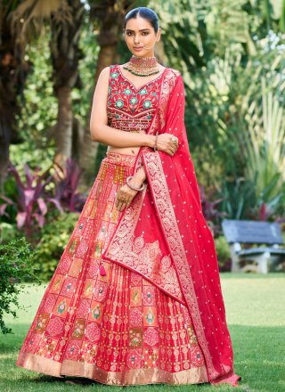 Embroidered and Hand Work Silk Readymade Lehenga Choli In Red for Reception