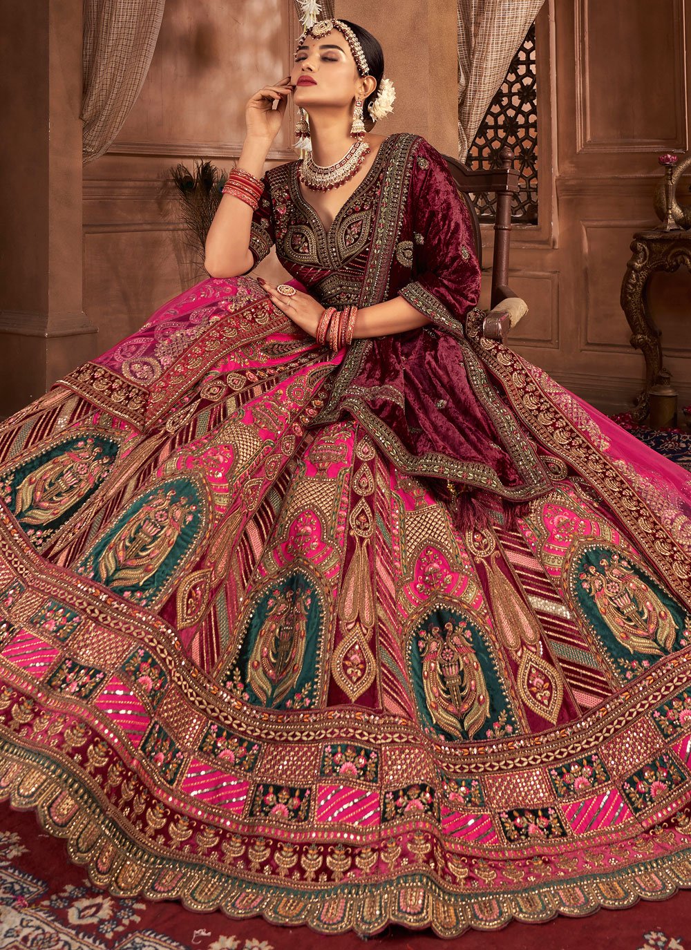 Buy Attractive Maroon Embroidery Velvet Bridal Lehenga Choli With Dupatta -  Zeel Clothing