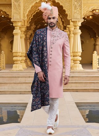 Embroidered and Hand Work Work Art Silk Sherwani In Pink