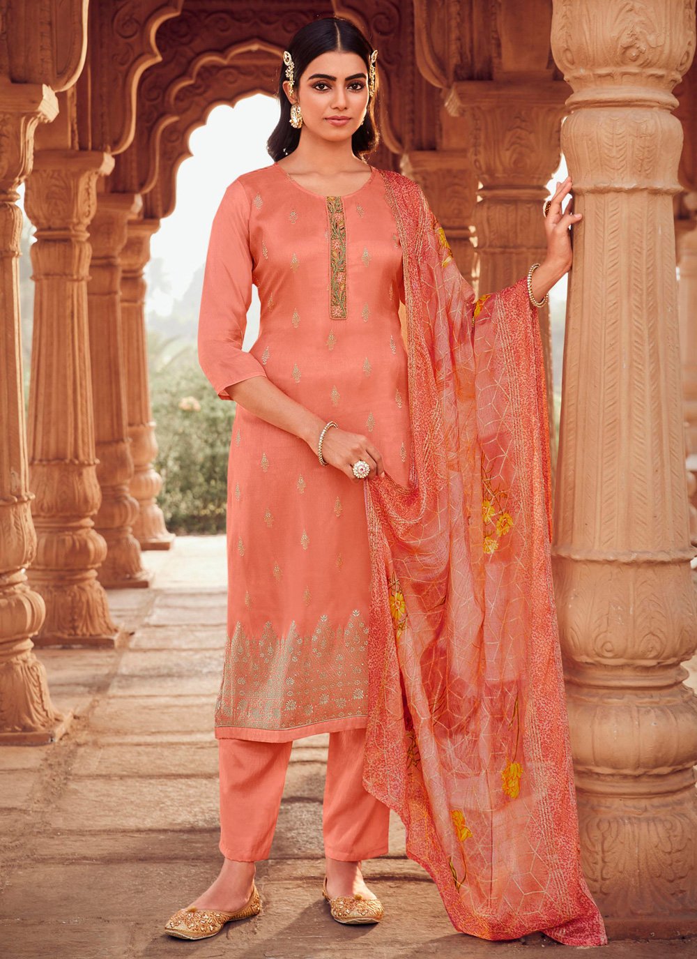 embroidered and jacquard work work jacquard trendy suit in peach 272329