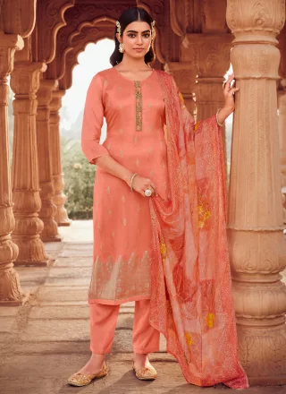 Embroidered and Jacquard Work Work Jacquard Trendy Suit In Peach