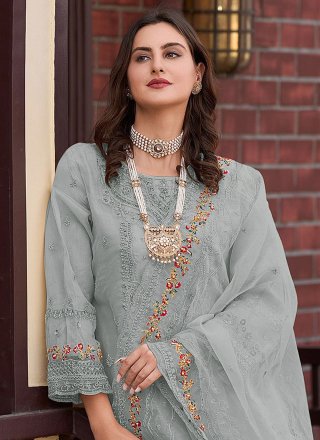 Embroidered and Khatli Work Organza Pakistani Salwar Suit In Grey