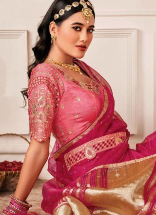 Embroidered and Lace Work Organza Trendy Saree In Pink