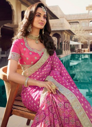 Embroidered and Patch Border Work Chanderi Classic Saree In Pink for Ceremonial
