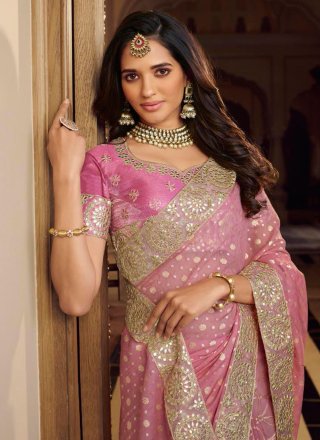 Embroidered and Patch Border Work Chanderi Trendy Saree In Pink