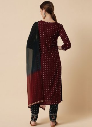 Embroidered and Print Work Rayon Readymade Salwar Suit In Maroon for Casual