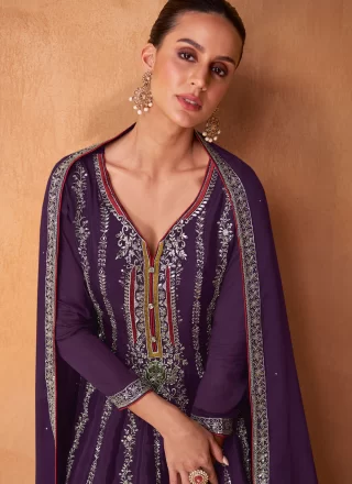 Embroidered and Resham Work Chinon Pakistani Salwar Suit In Purple for Ceremonial