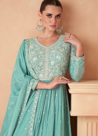 Embroidered and Resham Work Chinon Salwar Suit In Sea Green