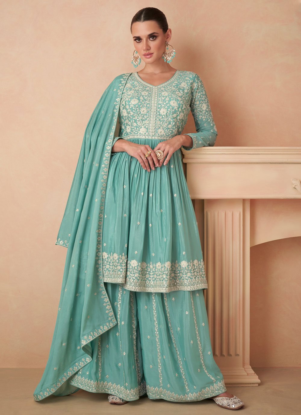 Embroidered and Resham Work Chinon Salwar Suit In Sea Green