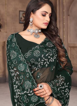 Embroidered and Resham Work Georgette Contemporary Saree In Green for Ceremonial