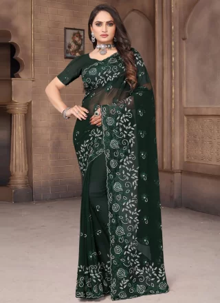 Embroidered and Resham Work Georgette Contemporary Saree In Green for Ceremonial