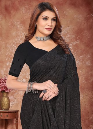 Embroidered and Resham Work Georgette Trendy Saree In Black for Ceremonial