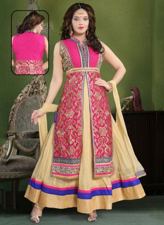 Embroidered and Resham Work Net Salwar Suit In Beige and Pink