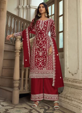 Embroidered and Resham Work Net Salwar Suit In Maroon for Ceremonial