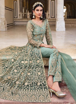 Embroidered and Resham Work Net Salwar Suit In Sea Green