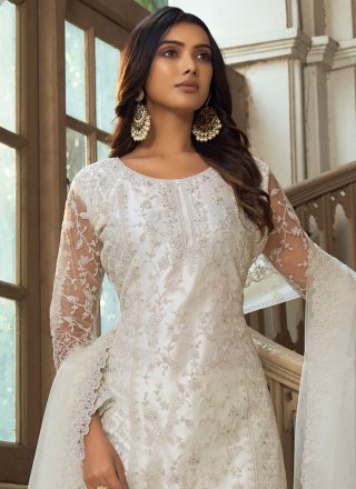 Embroidered and Resham Work Net Salwar Suit In White