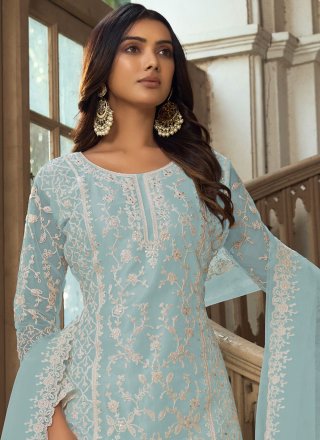 Embroidered and Resham Work Net Trendy Suit In Aqua Blue for Ceremonial