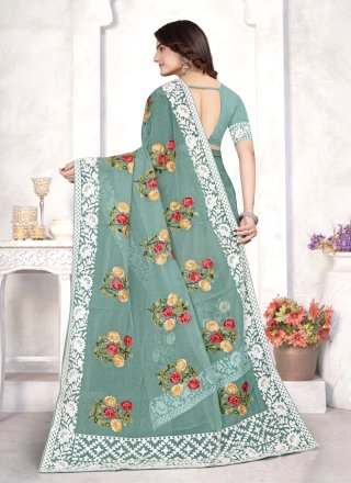 Embroidered and Resham Work Organza Classic Sari In Sea Green