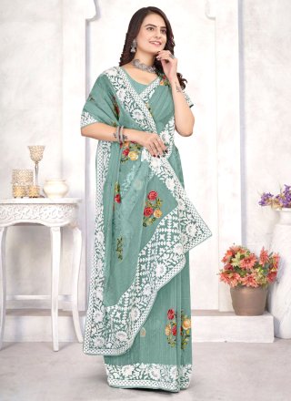 Embroidered and Resham Work Organza Classic Sari In Sea Green