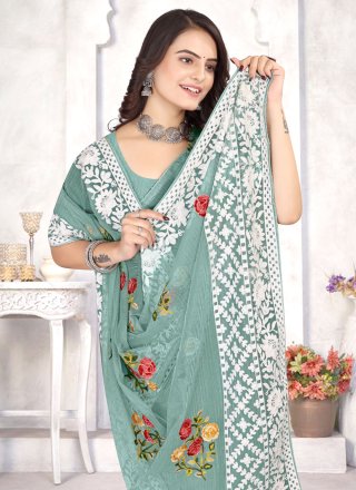 Embroidered and Resham Work Organza Classic Sari In Sea Green