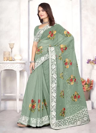 Embroidered and Resham Work Organza Designer Sari In Green