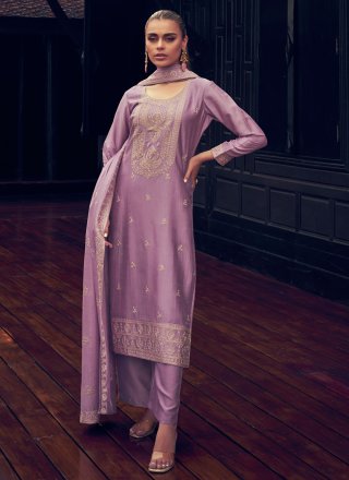 Embroidered and Resham Work Silk Pakistani Salwar Suit In Lavender
