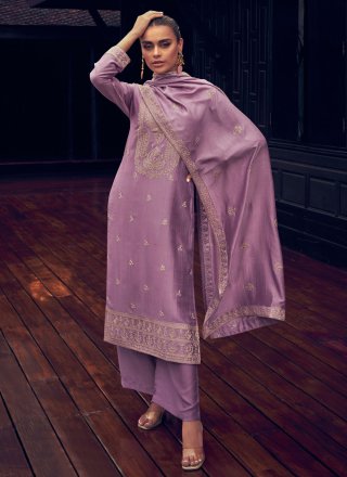 Embroidered and Resham Work Silk Pakistani Salwar Suit In Lavender