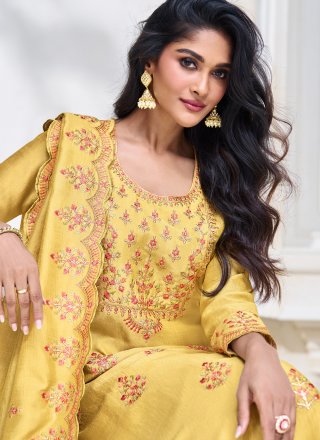 Embroidered and Resham Work Silk Salwar Suit In Mustard