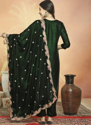 Embroidered and Resham Work Velvet Pant Style Suit In Green for Ceremonial