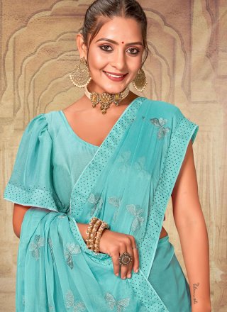 Aqua Blue Chiffon Embroidered and Resham Work Contemporary Sari for Festival