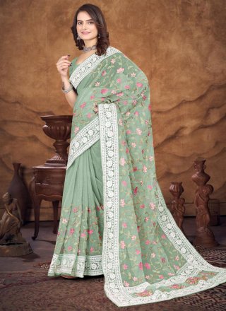 Embroidered and Resham Work Organza Designer Sari In Green