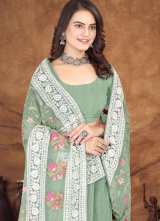 Embroidered and Resham Work Organza Designer Sari In Green