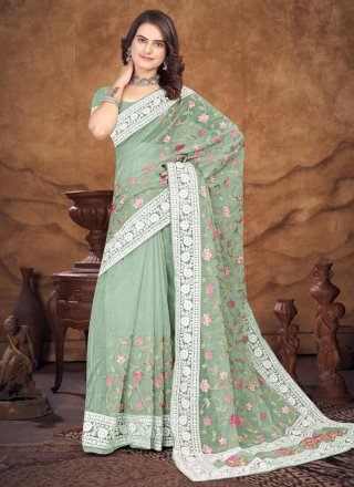 Embroidered and Resham Work Organza Designer Sari In Green