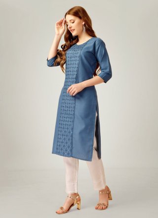 Embroidered and Sequins Work Cotton Casual Kurti In Blue