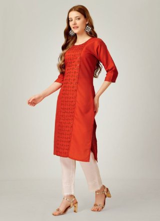 Embroidered and Sequins Work Cotton Designer Kurti In Rust
