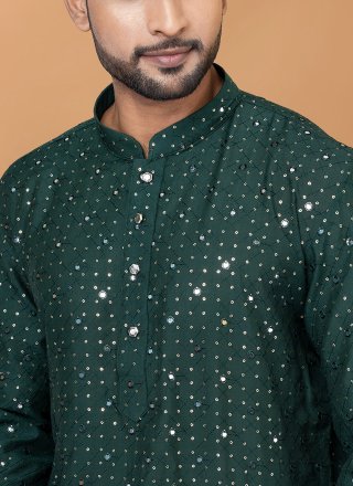 Embroidered and Sequins Work Cotton Kurta Pyjama In Green for Engagement