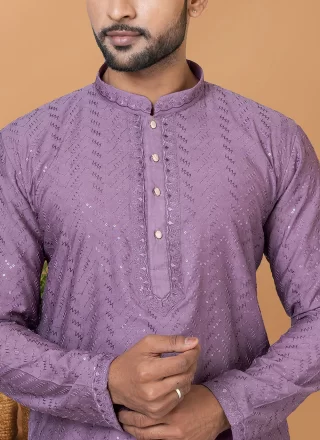 Embroidered and Sequins Work Cotton Kurta Pyjama In Lavender