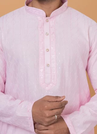Embroidered and Sequins Work Cotton Kurta Pyjama In Pink