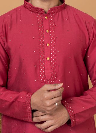 Embroidered and Sequins Work Cotton Kurta Pyjama In Red