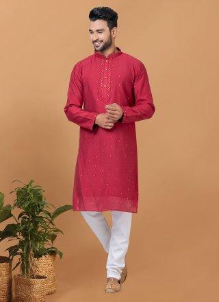 Embroidered and Sequins Work Cotton Kurta Pyjama In Red