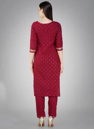 Embroidered and Sequins Work Cotton Pant Style Suit In Maroon