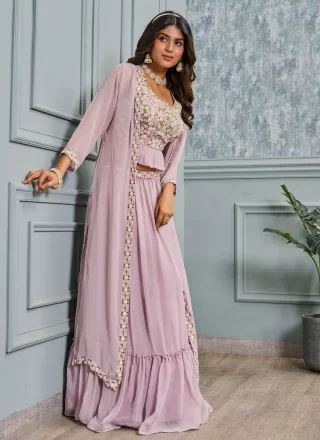 Embroidered and Sequins Work Faux Crepe Readymade Lehenga Choli In Lavender
