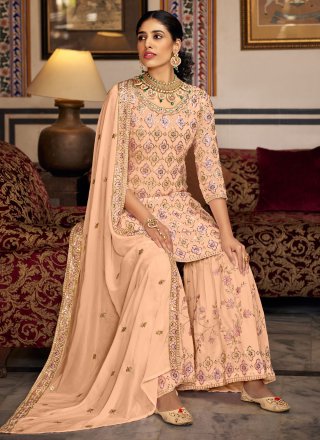 Embroidered and Sequins Work Faux Georgette Salwar Suit In Peach for Ceremonial